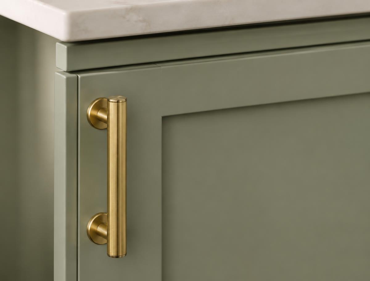 Sage painted shaker door with brass pull