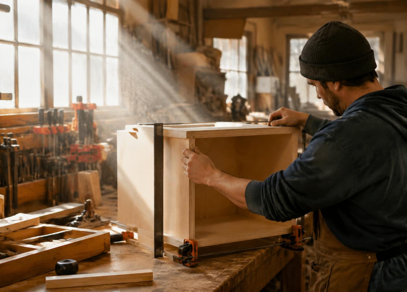 Cabinet maker assembling a plywood box